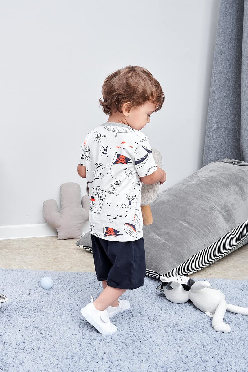 BINIDUCKLING Boy Pirate Print T-Shirt Navy Shorts Set Kid 2Pcs Summer Outfit Clothing Set Whale 4T - Image 3